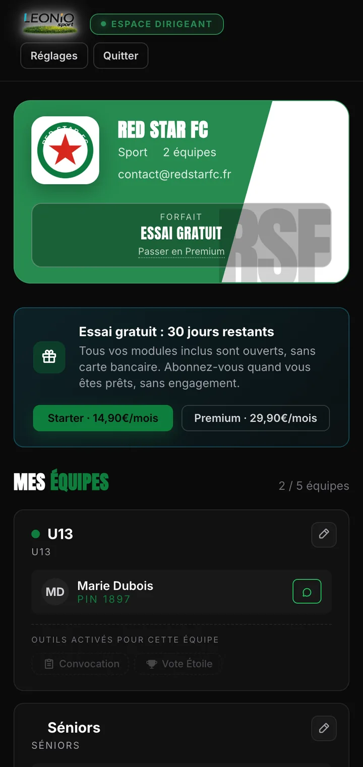 Tableau de bord dirigeant du Red Star FC dans LEONIO Sport : équipes, coachs et modules activés