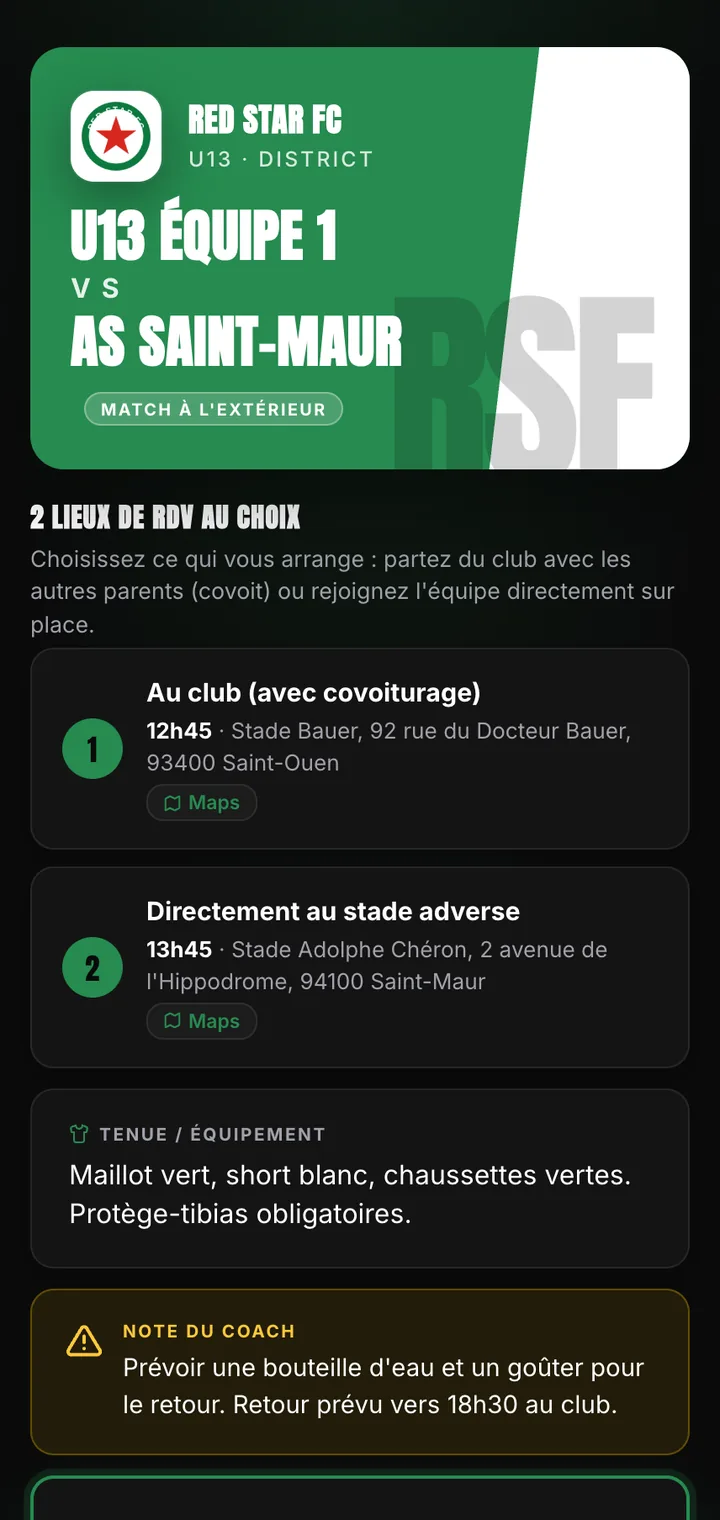 Vue parent : toute l'info du match Red Star FC sur une page, lieu, heure et tenue